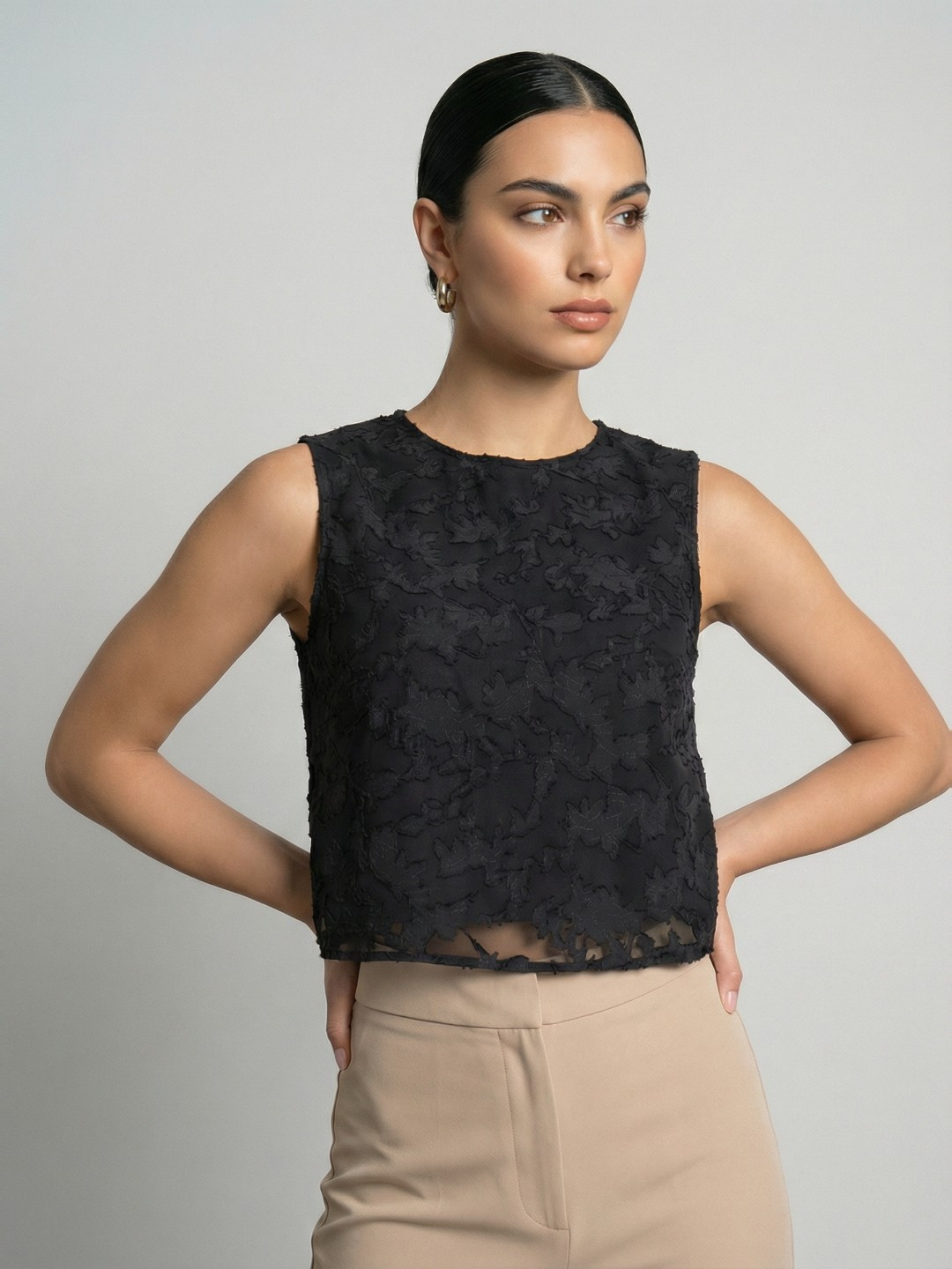 Phosphorus Abstract Self Design Semi Sheer Sleeveless Top