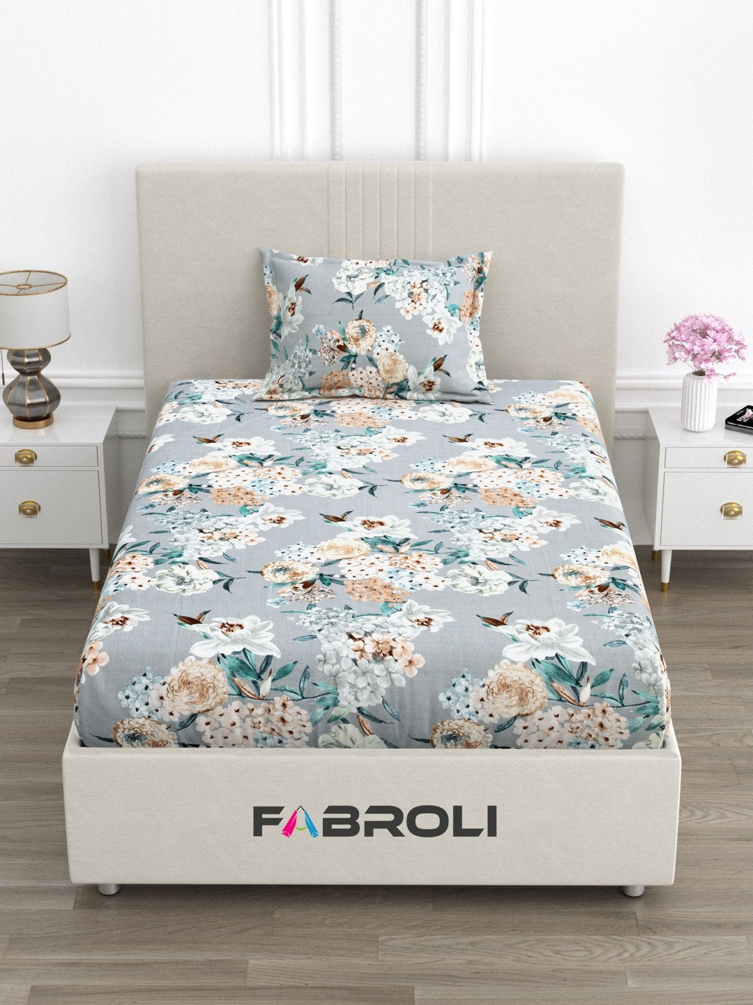 FABROLI Grey 300 TC Single Bedsheet with 1 Pillow Covers