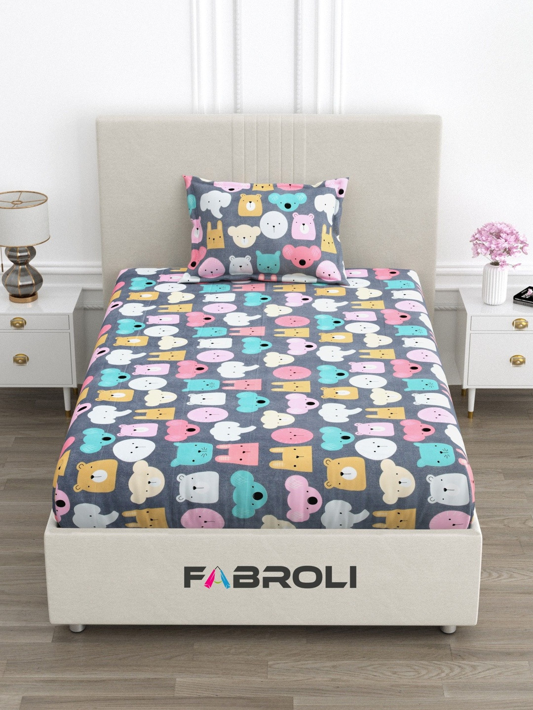 FABROLI Grey 300 TC Single Bedsheet with 1 Pillow Covers