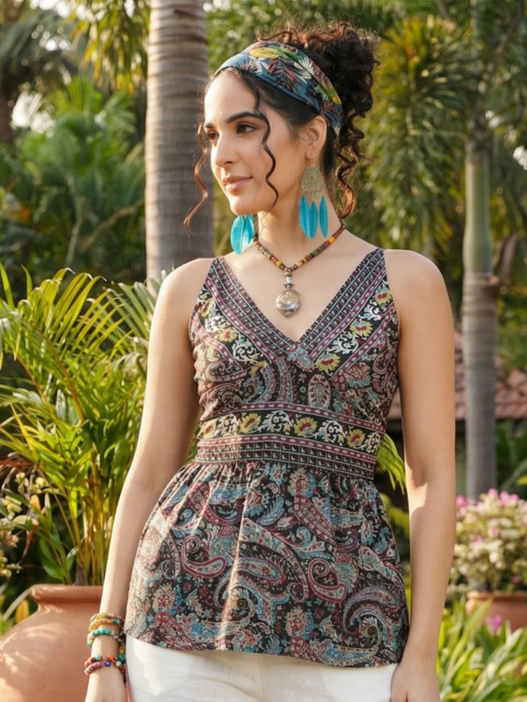 Boholyfe Selene Night Smocking Paisley V-Neck Shoulder Straps Top