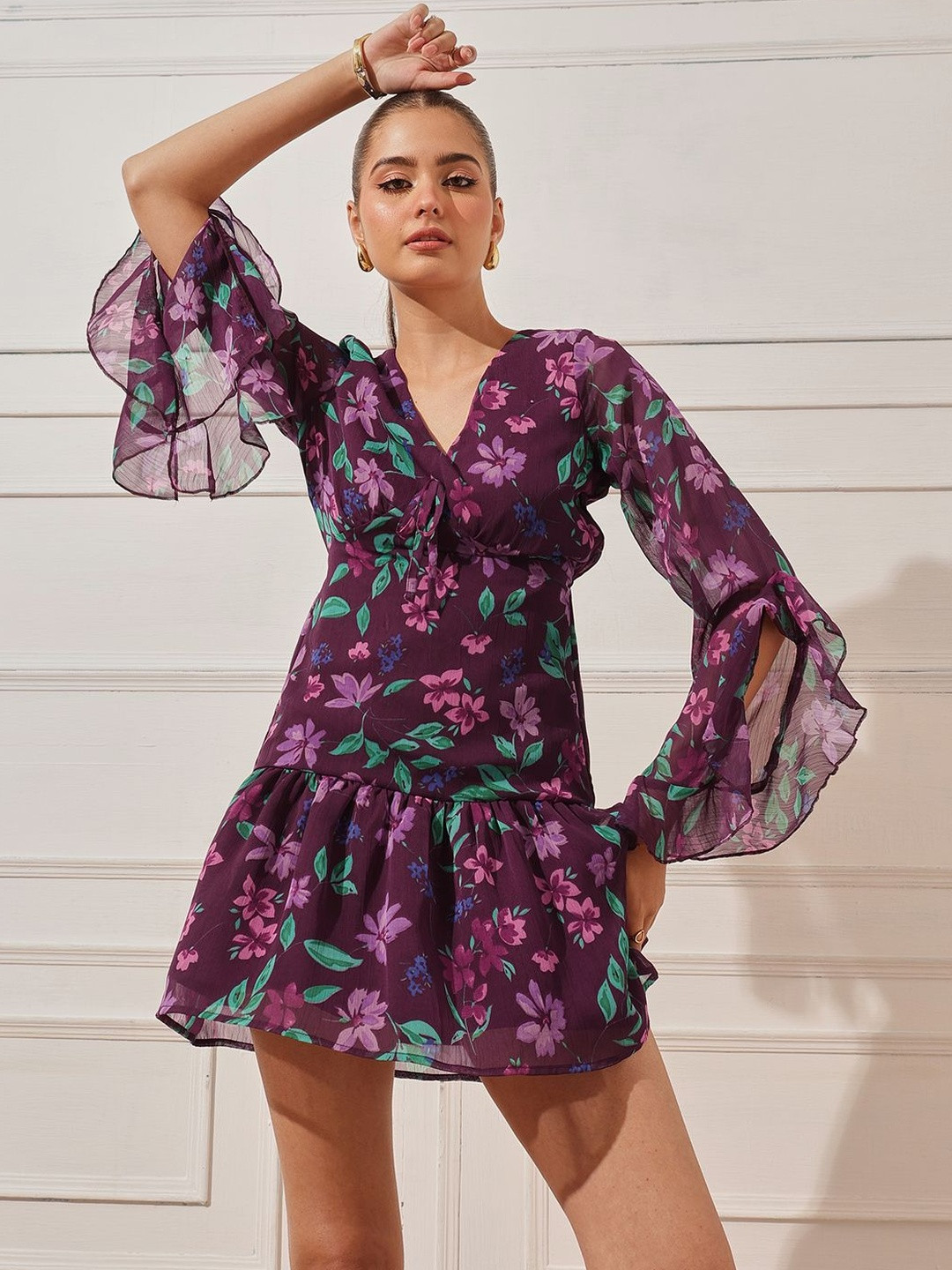STREET 9 Floral Print Flared Sleeve Ruffled Georgette Mini Dress