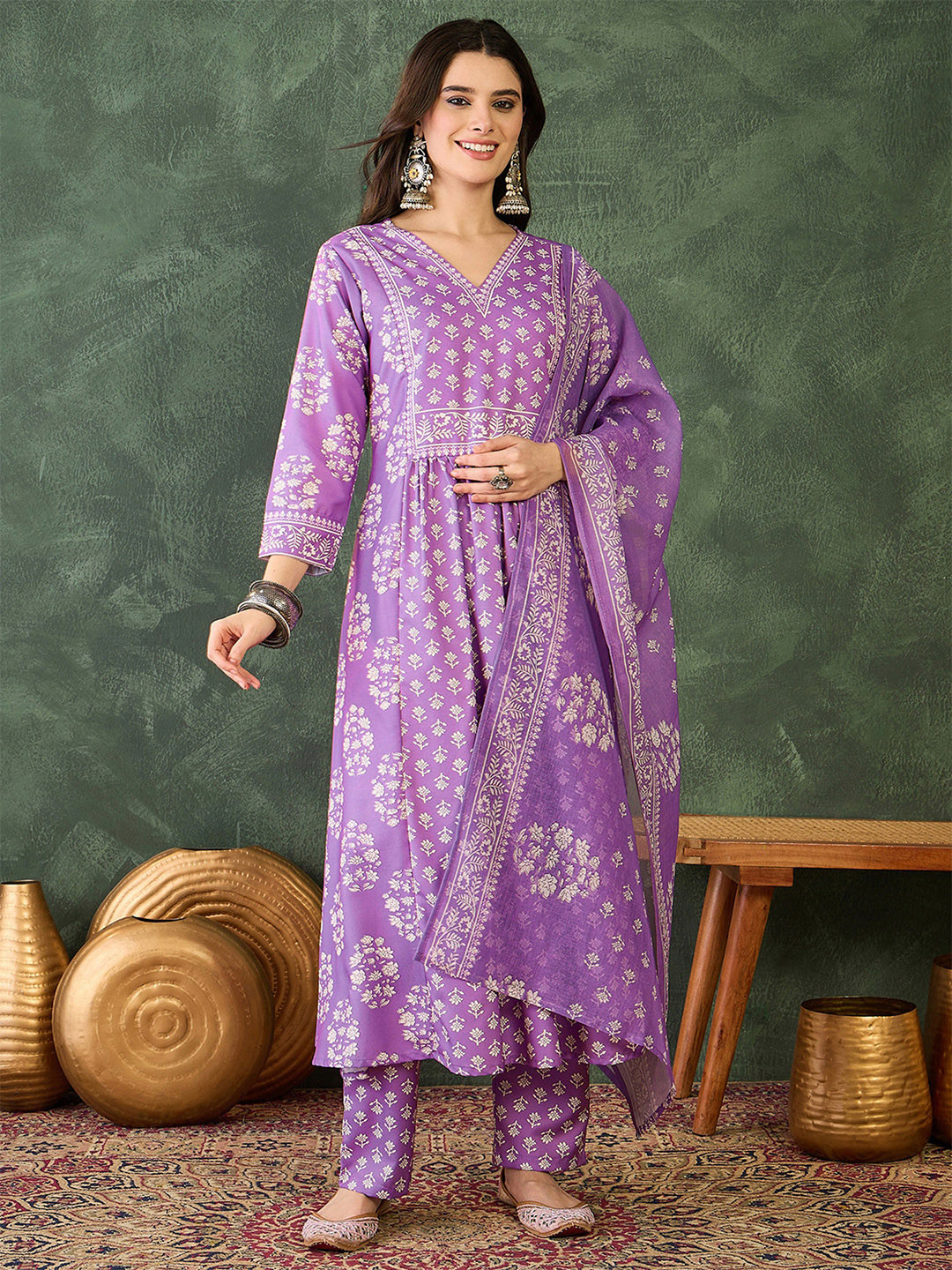 KALINI Floral Printed V-Neck Kurta with Trousers & Dupatta