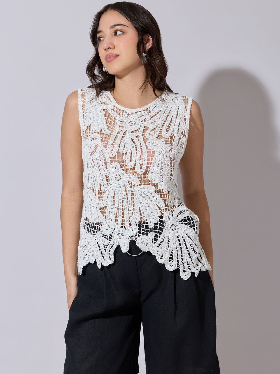 SHOWOFFFF Embellished Crochet Top