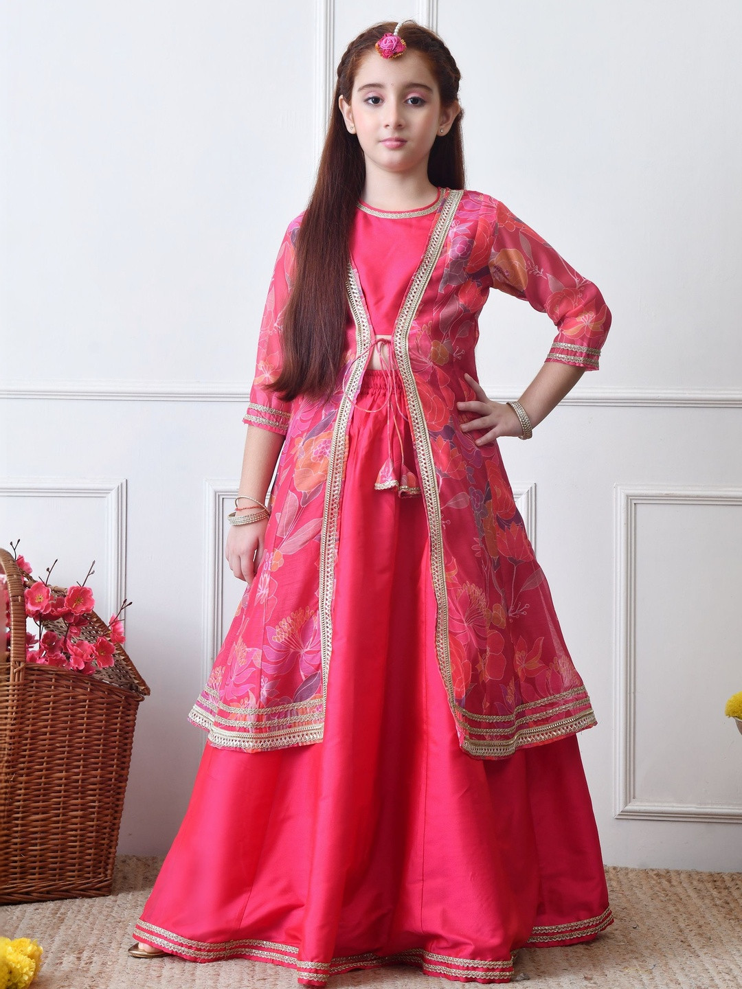 House of Pataudi Girls Flared Lehenga Choli with Printed Jacket