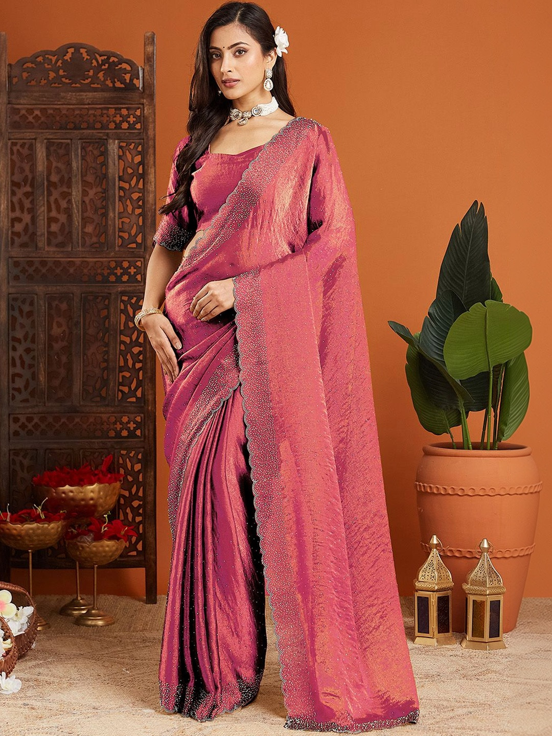 Mitera Embellished Beads and Stones Organza Heavy Work Saree