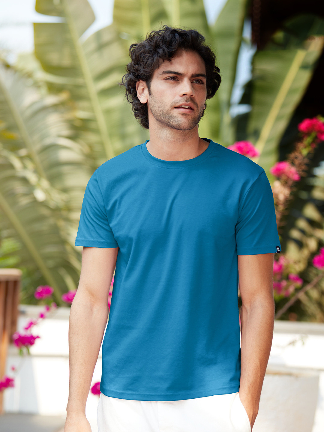 The Souled Store Men Regular Fit Solid Teal Supima T-Shirts