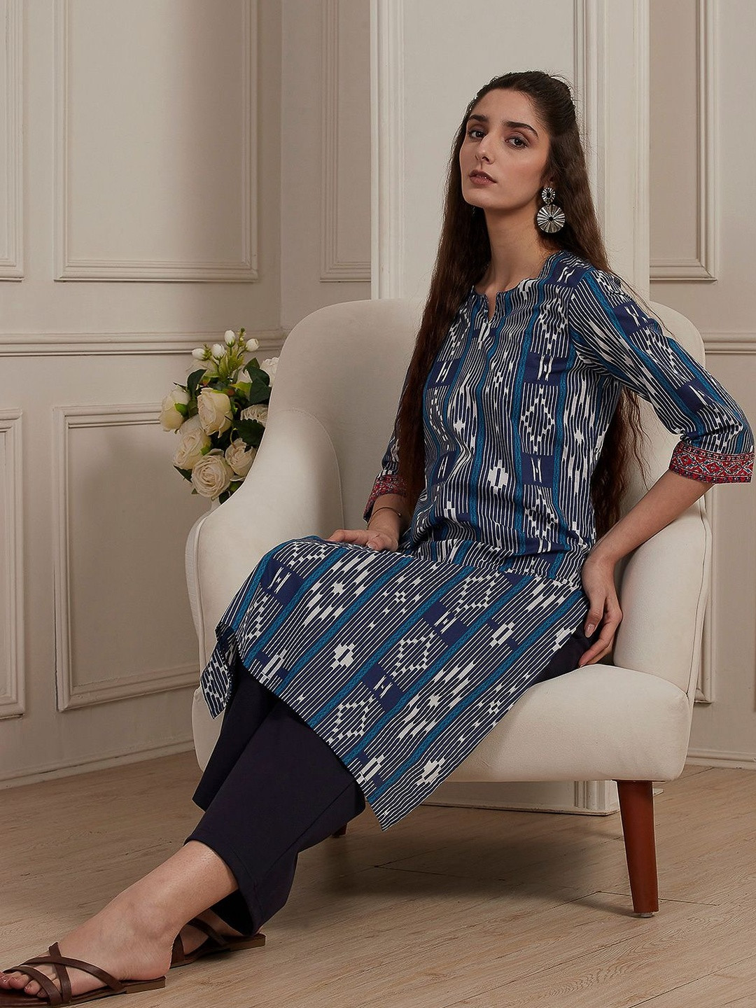 Biba Women Ethnic Motifs Printed Keyhole Neck Flared Sleeves Thread Work Kurta