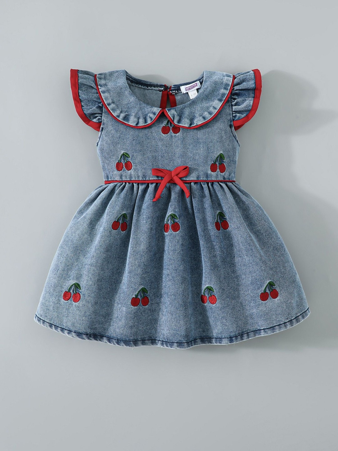 Hopscotch Girls Print Embroiderered Denim Fit & Flare Dress