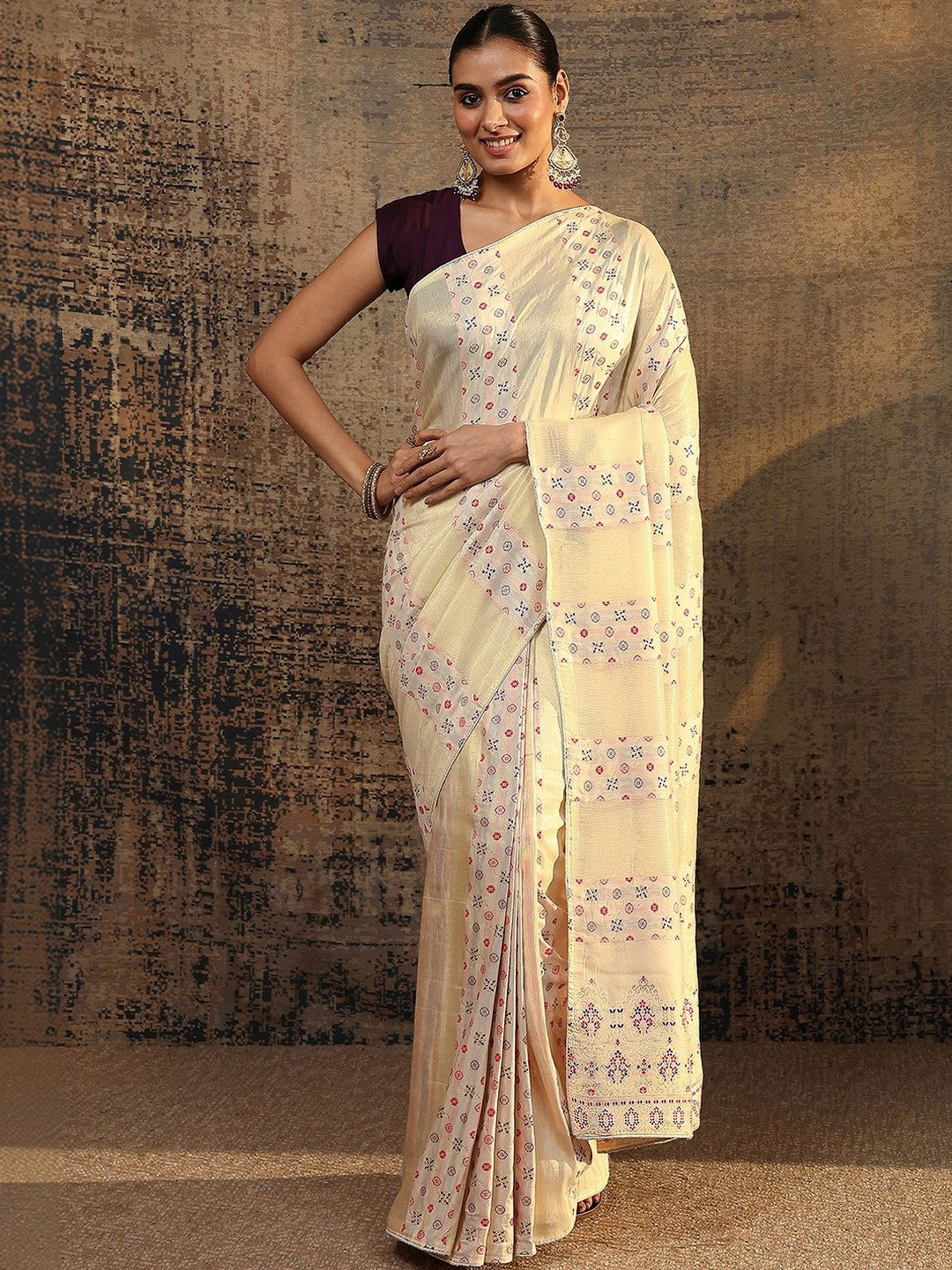 Libas Cream Woven Design Saree With Unstitched Blouse Piece