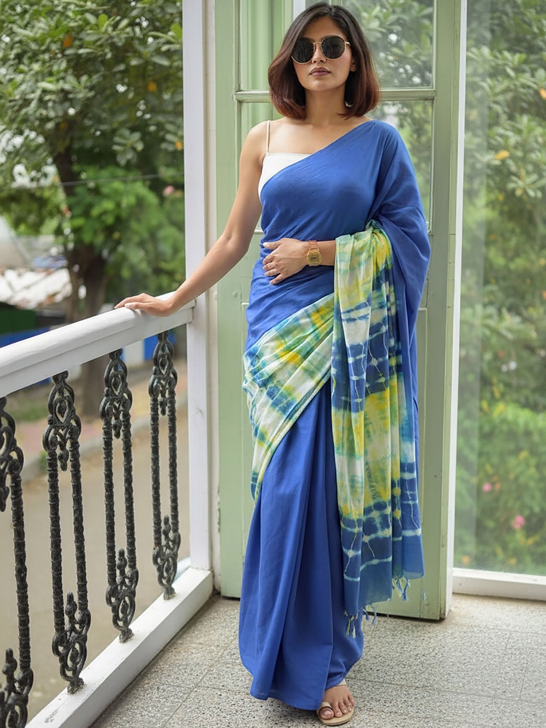 Dhaaga Ghar Tie and Dye Linen Blend Handloom Block Print Saree