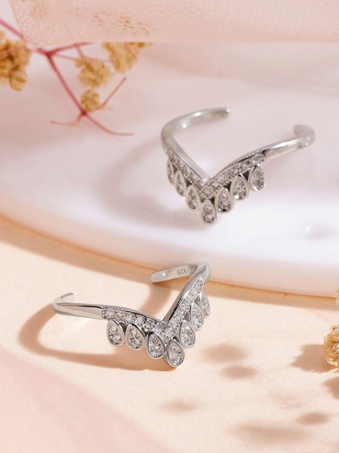 Zavya Set Of 2 92.5 Sterling Silver Rhodium-Plated Stone-Studded Adjustable Toe Rings