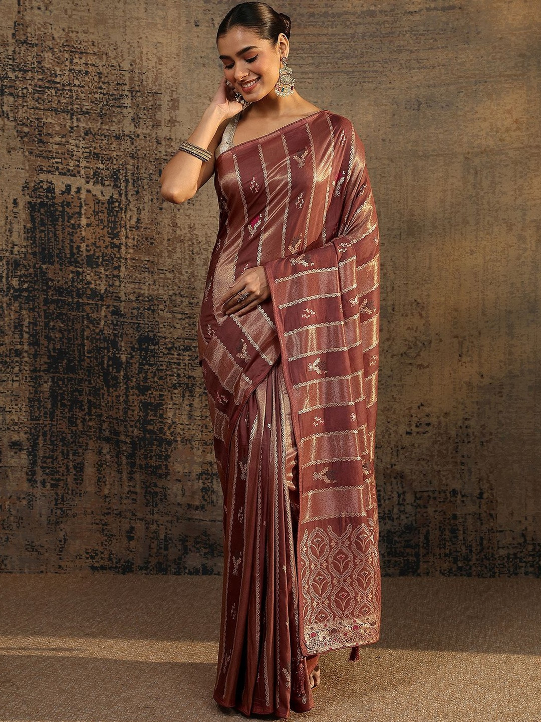 Libas Burgundy Woven Design Saree With Unstitched Blouse Piece