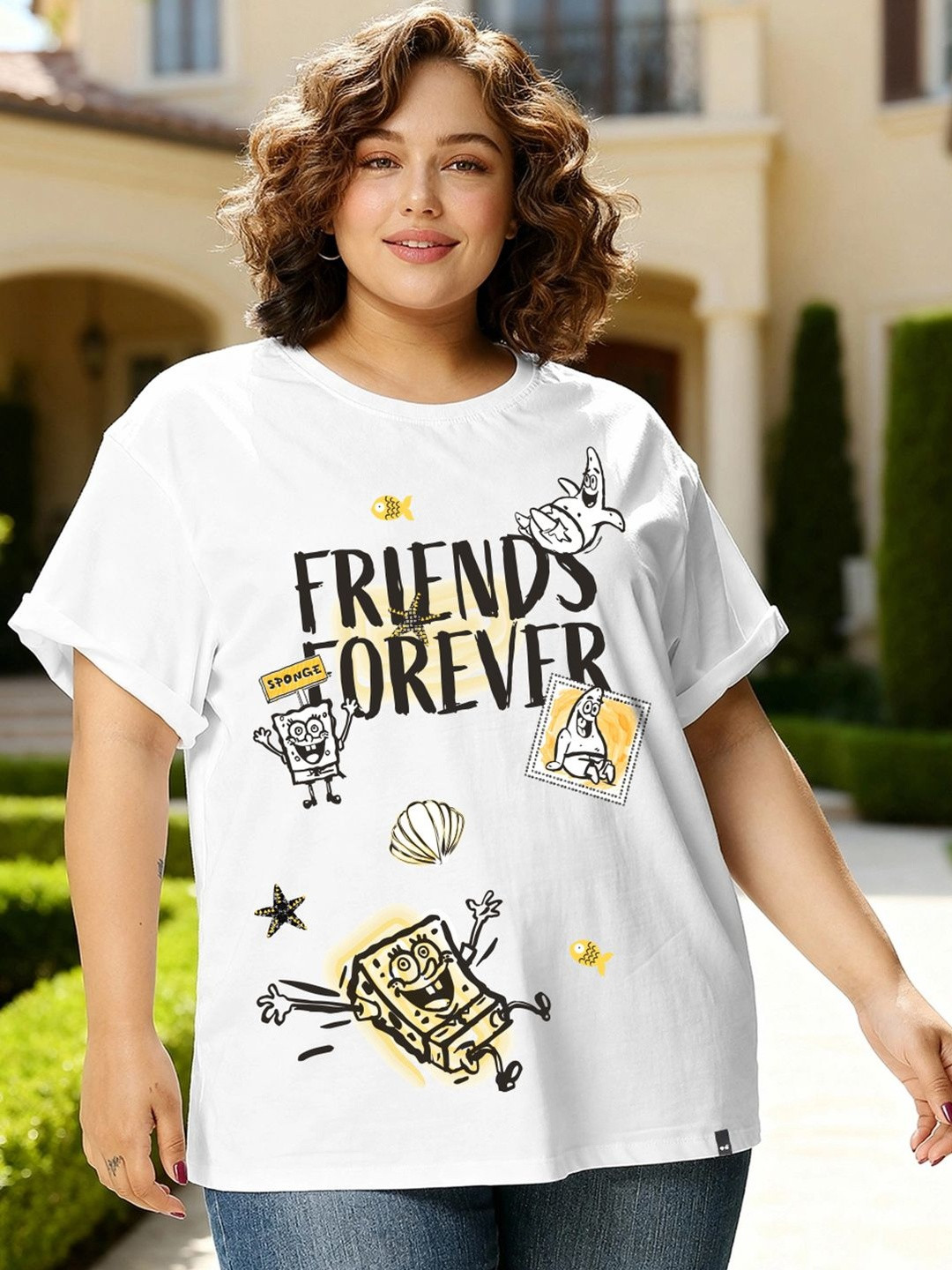 Bewakoof Women's White Friends Forever Graphic Printed Boyfriend Plus Size T-shirt