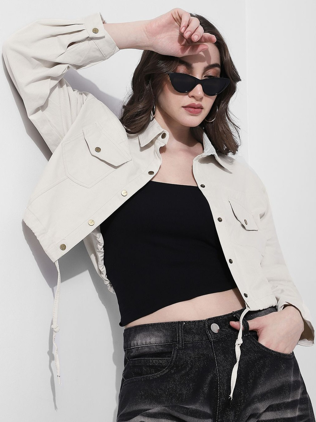 SHOWOFFFF Women Windcheater Crop Denim Jacket