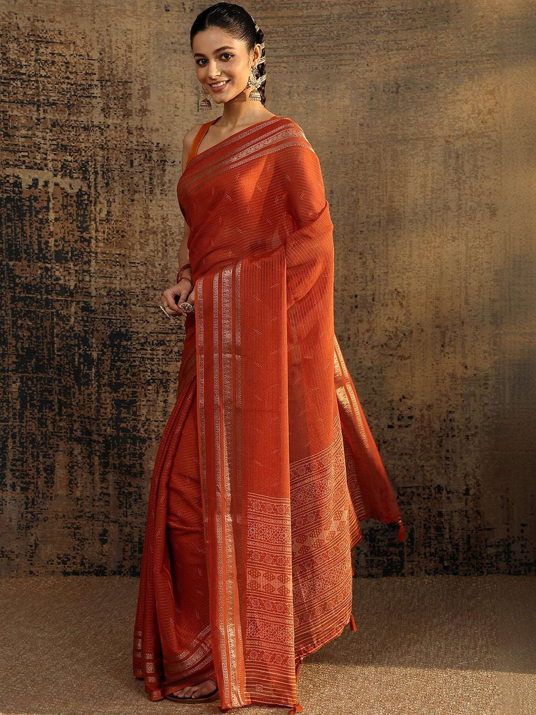 Libas Rust Embellished Saree With Unstitched Blouse Piece