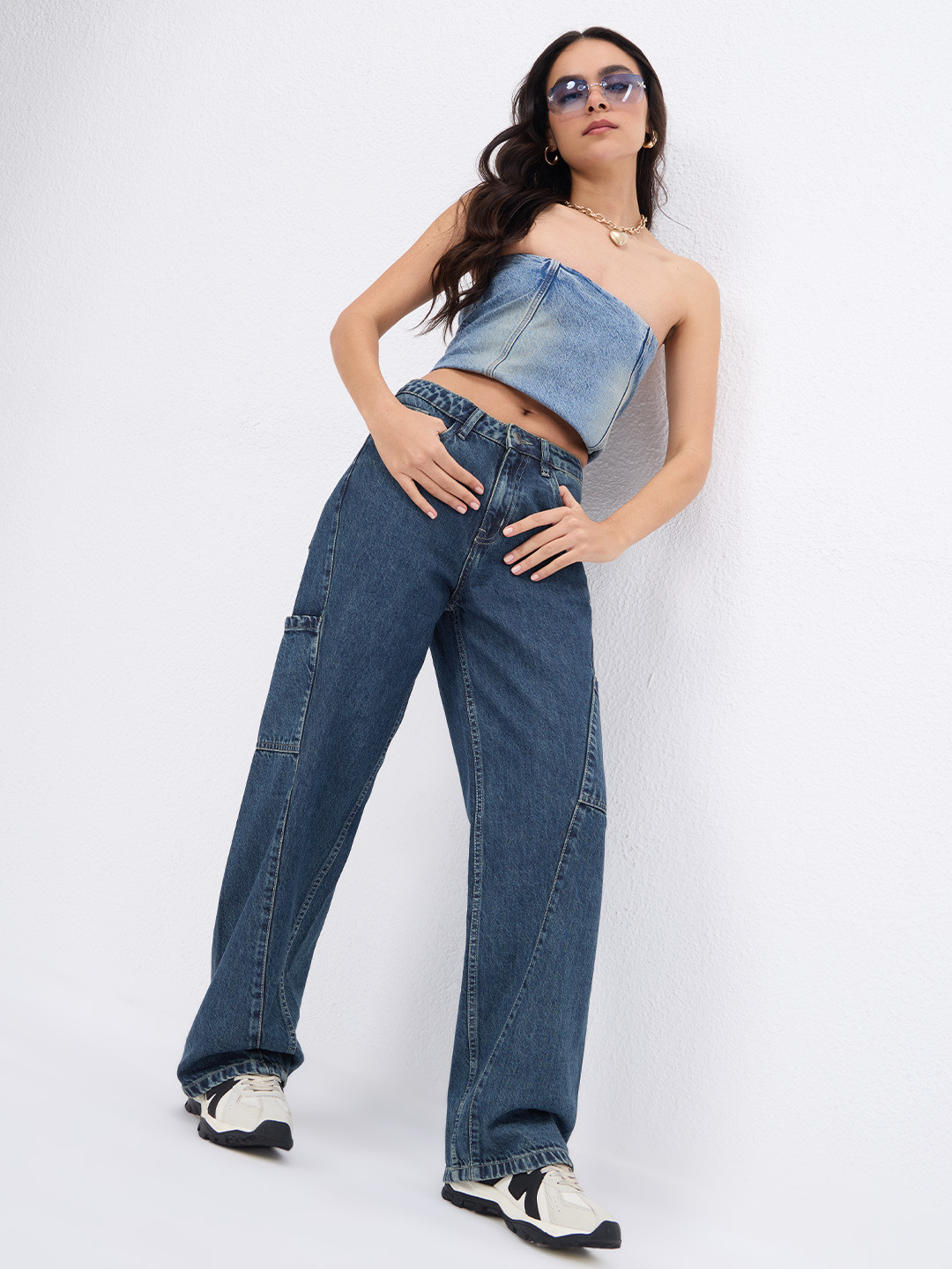 The Souled Store Women Straight Fit Solid Blue Cargo Jeans