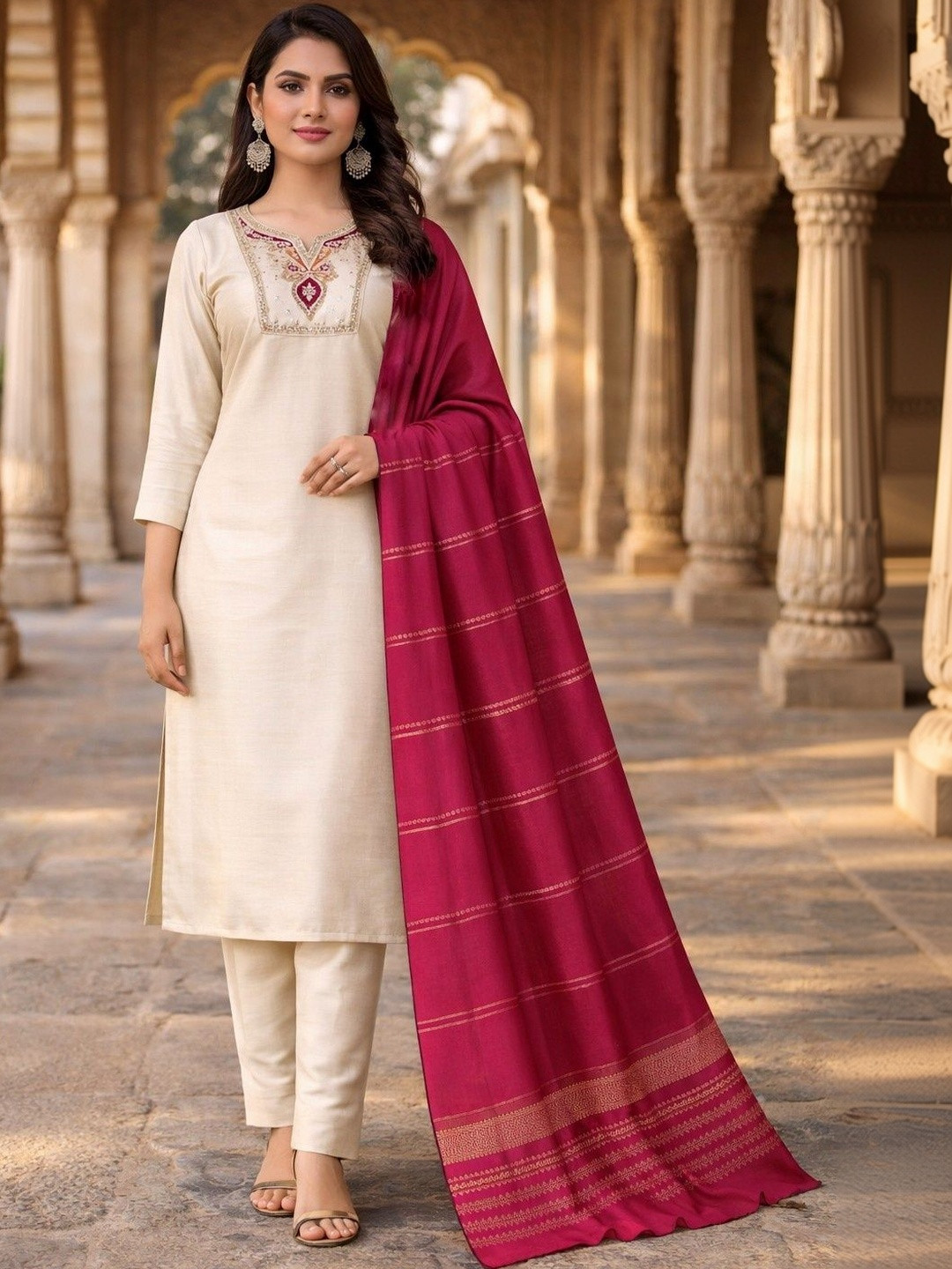 DAMAAR TEXTILE Women Ethnic Motifs Embroidered Regular Sequinned Kurta with Trousers & With Dupatta
