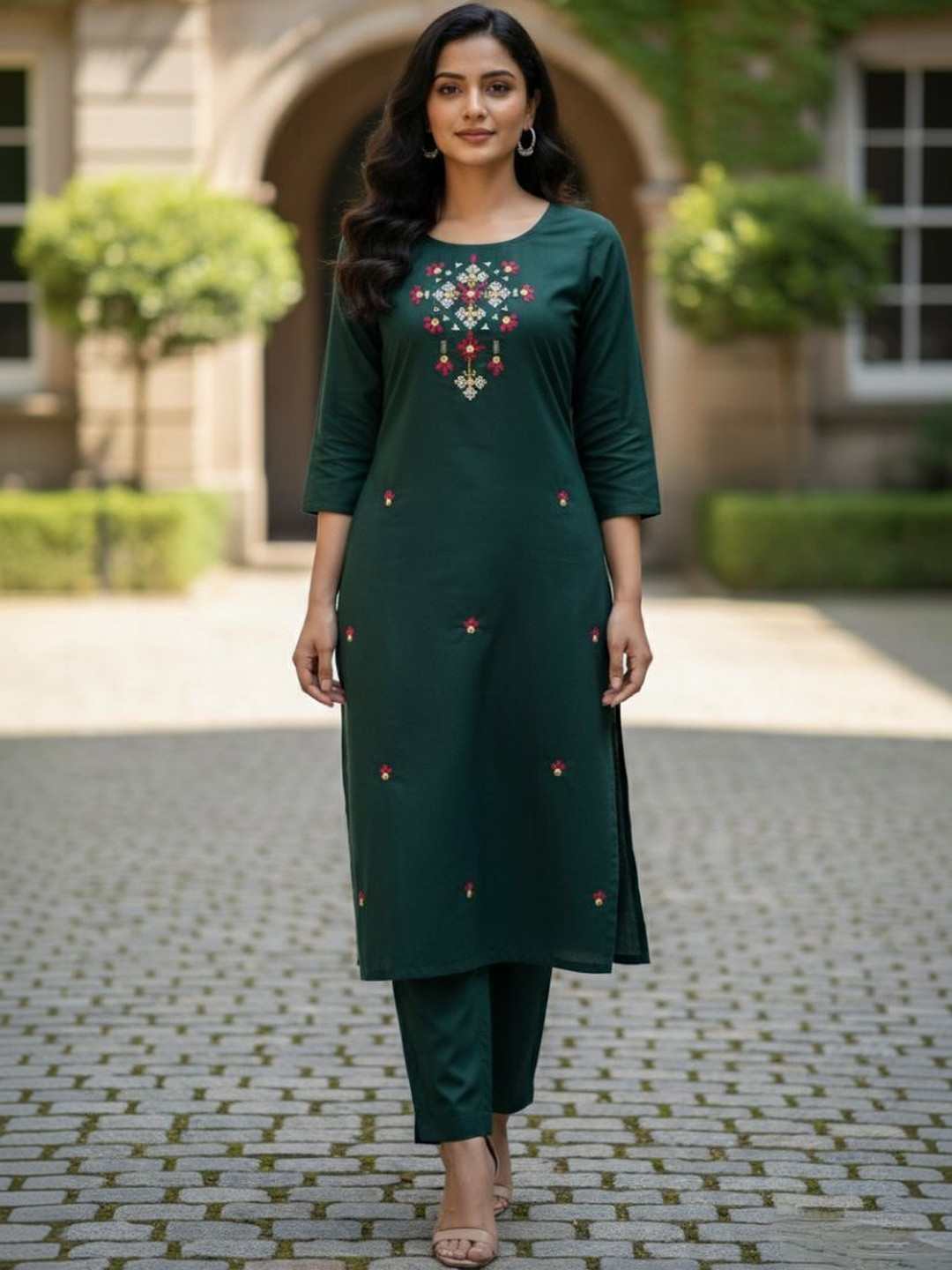 Santati Women Ethnic Motifs Embroidered Regular Mirror Work Kurta with Trousers
