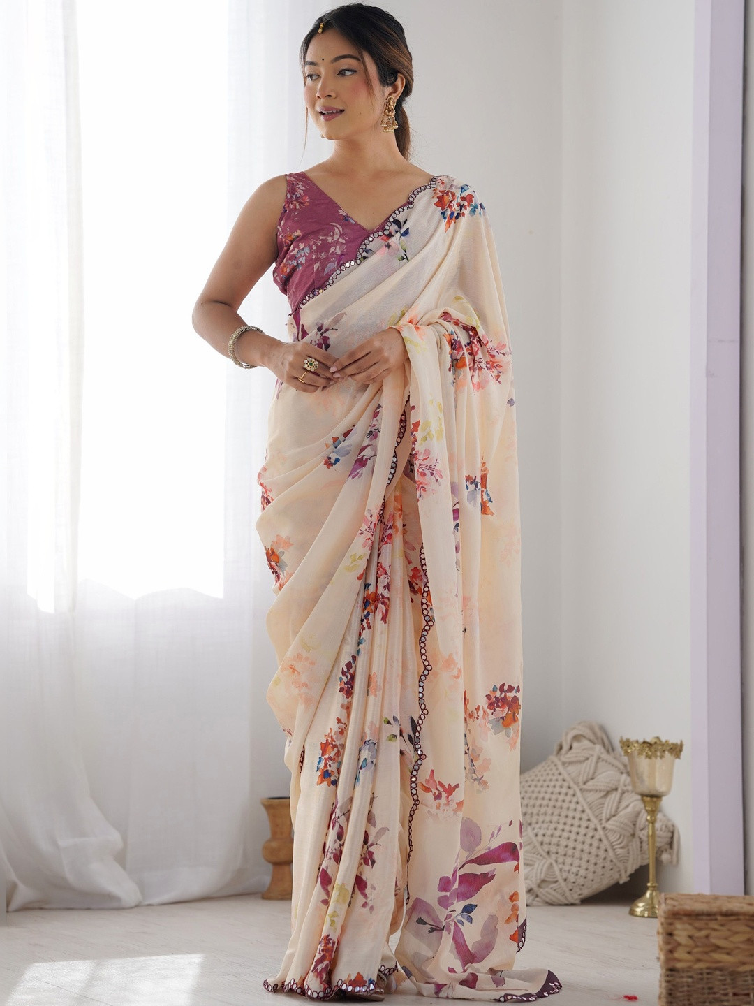 KALINI Floral Mirror Work Pure Chiffon Saree