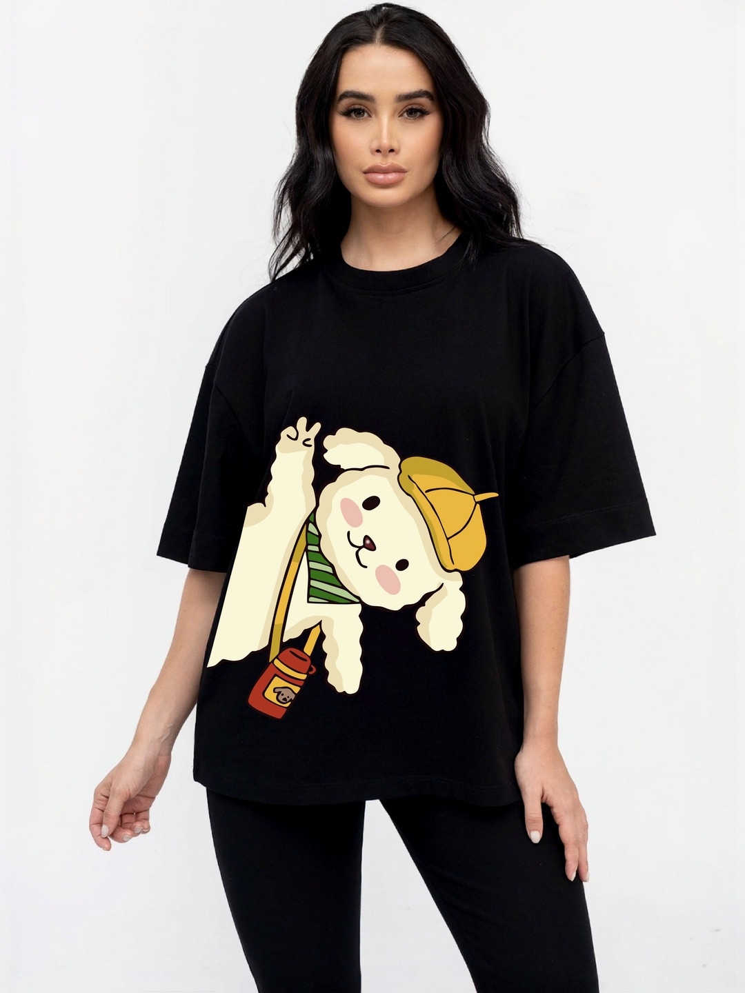 RAYACLOSET Women Printed Drop-Shoulder Sleeves T-shirt