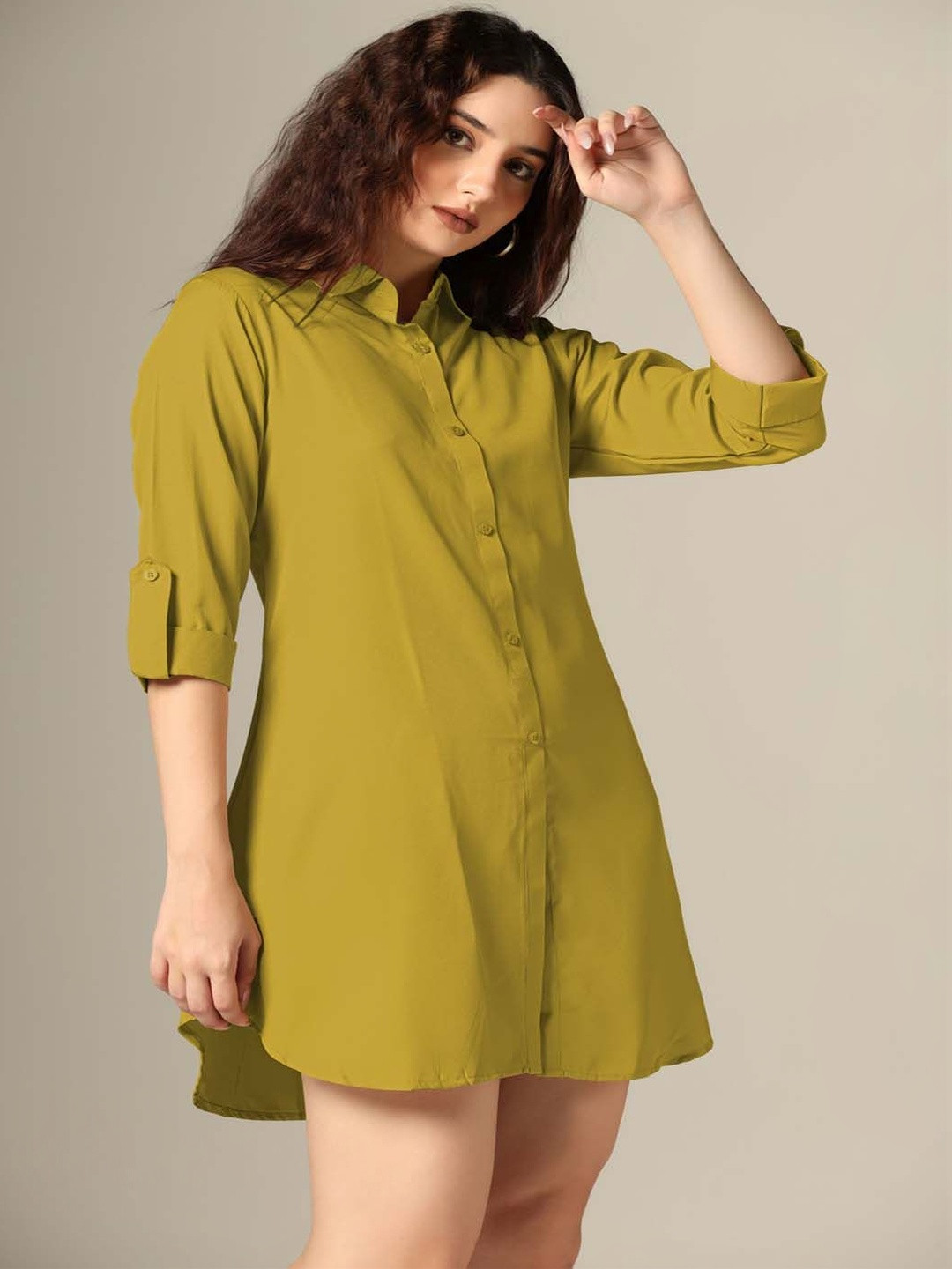 GENZILOOKS Solid Roll-Up Sleeves Shirt Style Dress