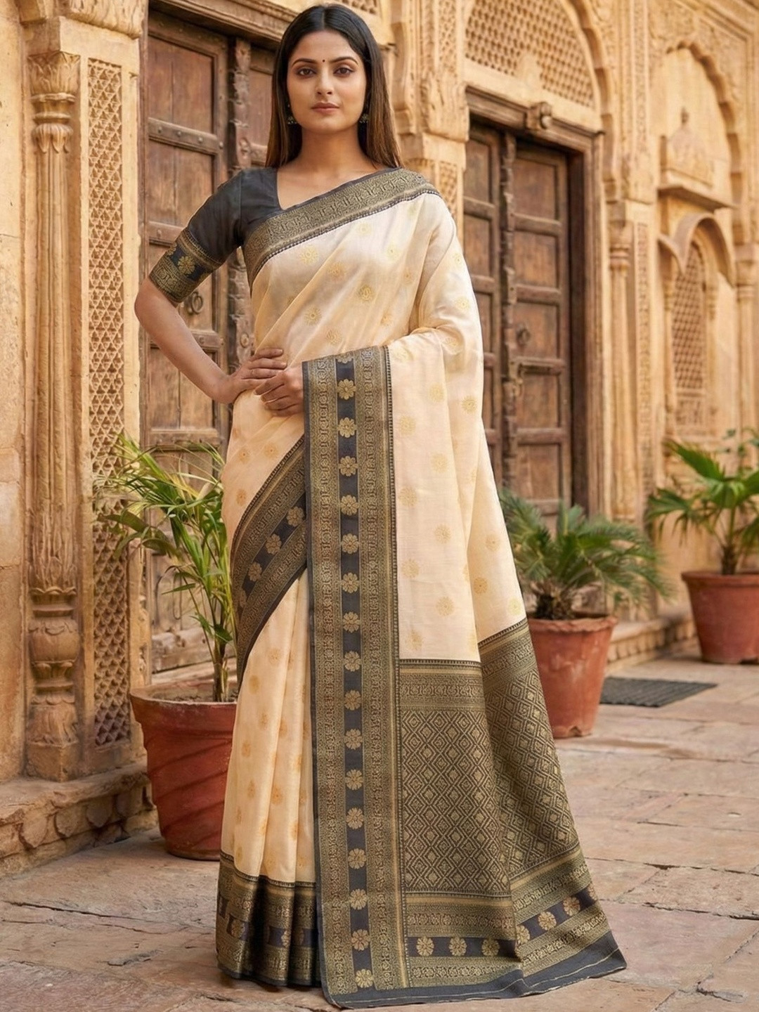 KALINI Woven Design Zari Silk Blend Handloom Banarasi Saree