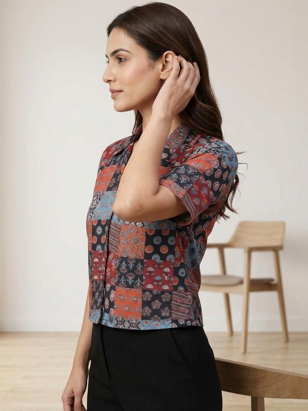 ZIVRAA Print Ethnic Cotton Blend Shirt Style Top