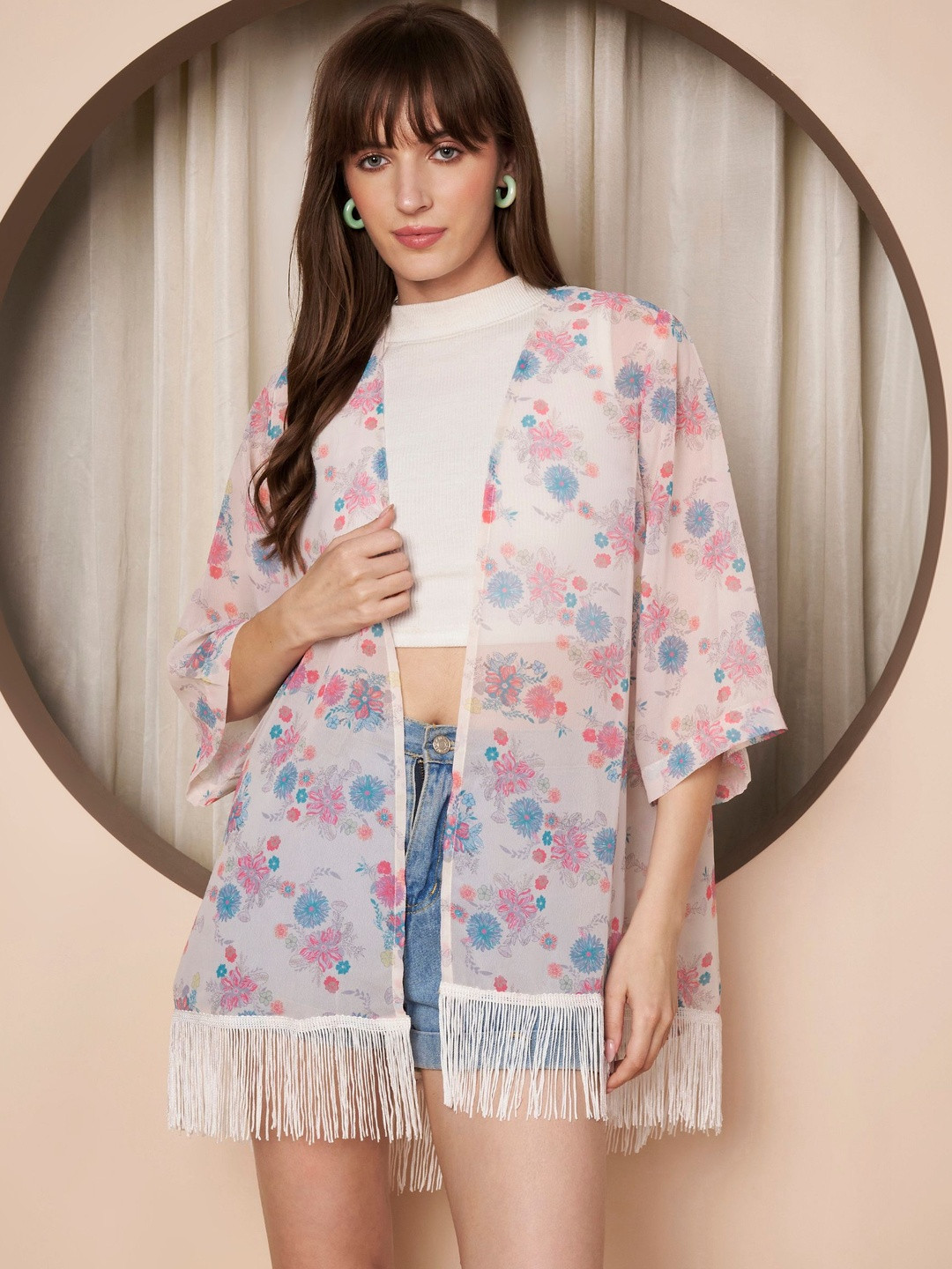 Fbella Women Printed Tasselled Shrug
