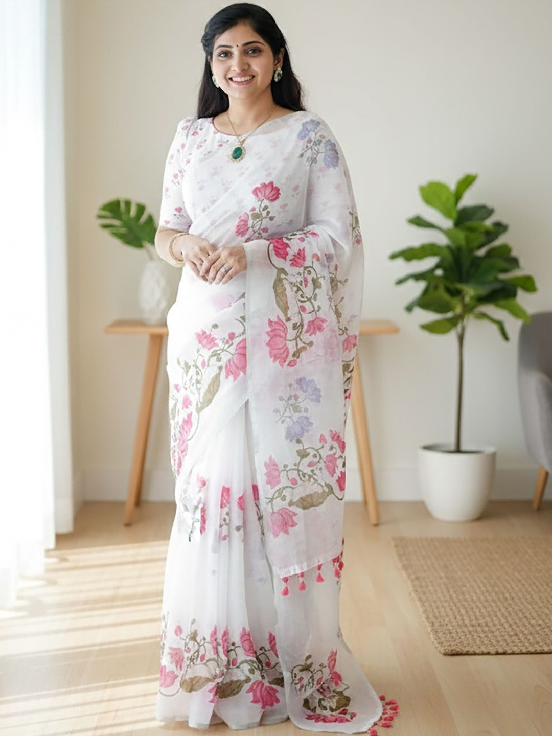 Dhaaga Ghar Floral Linen Blend Designer Block Print Saree