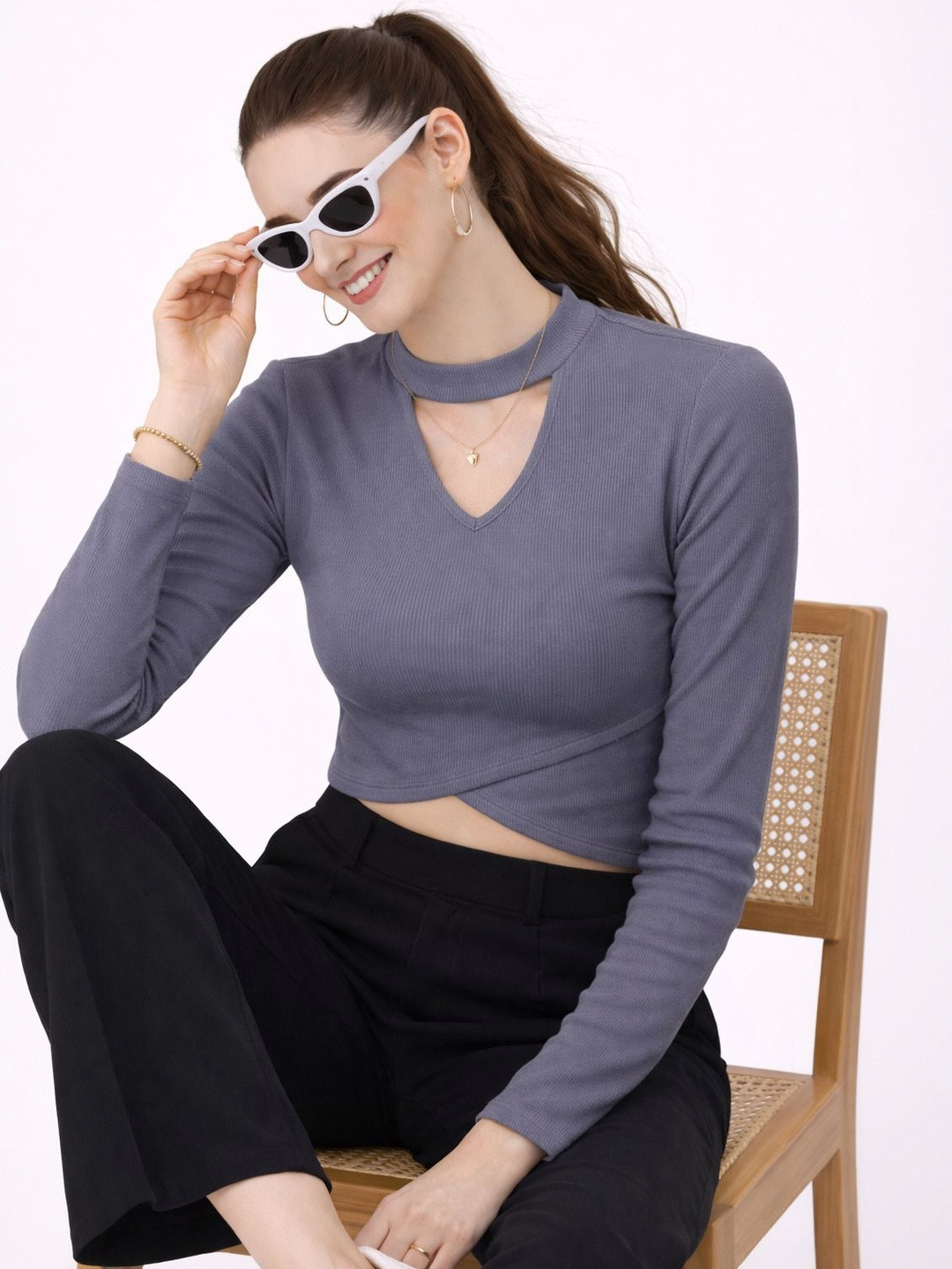 Grey Ribbed Keyhole High Neck Crop Top