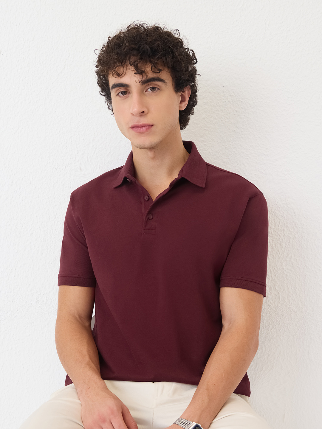 The Souled Store Men Regular Fit Solid Burgundy Polos