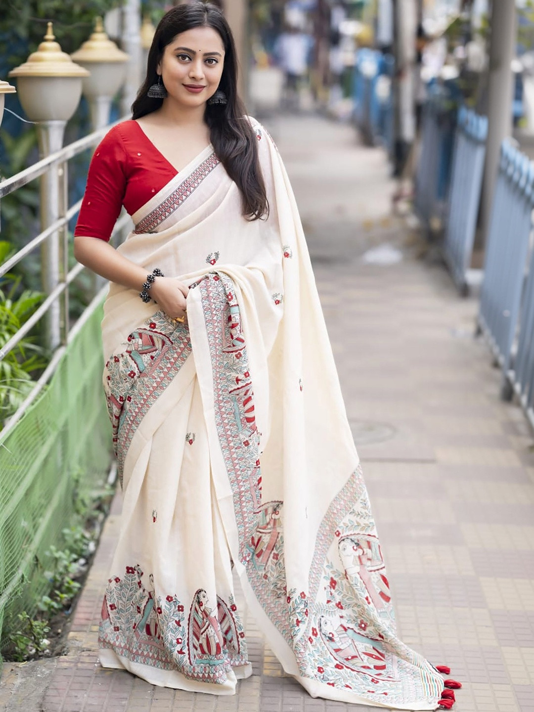 Dhaaga Ghar Ethnic Motifs Embroidered Linen Blend Handloom Block Print Saree