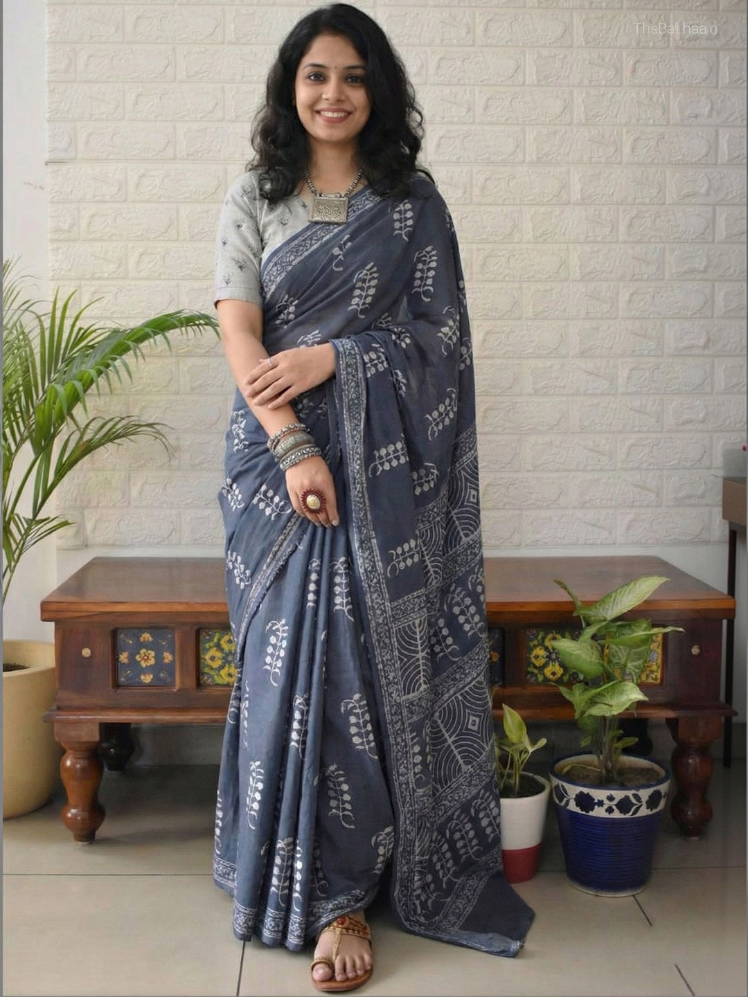 Dhaaga Ghar Bagh Linen Blend Handloom Block Print Saree