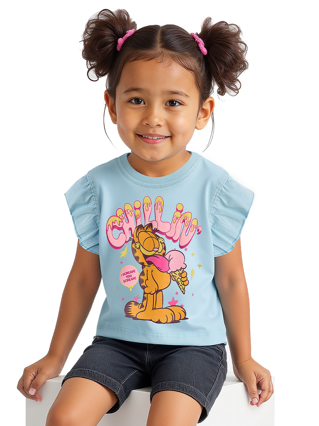 The Souled Store Girls Regular Fit Garfield Printed Blue Flutter Sleeve Tops