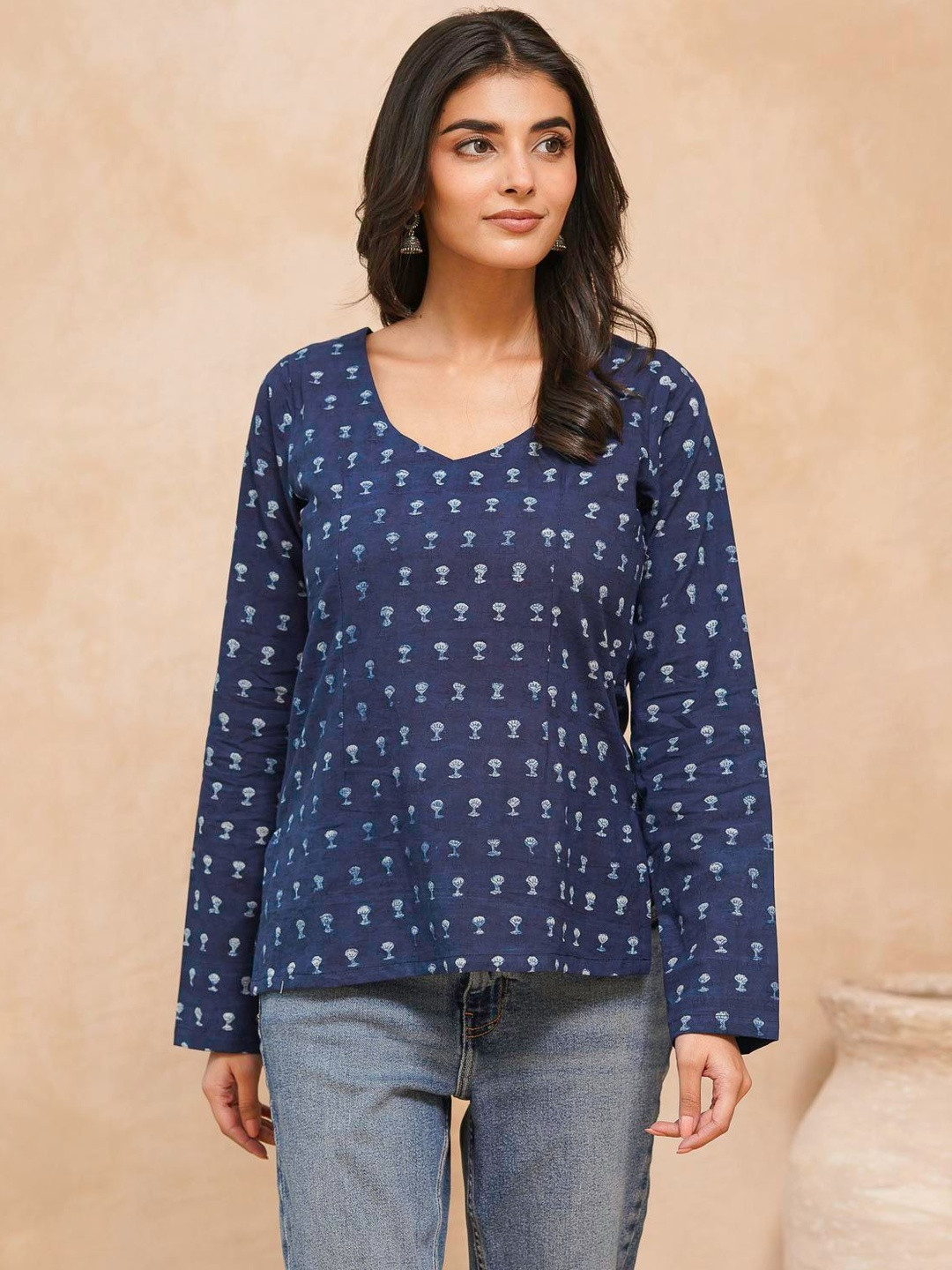 GOODHAND Print Ethnic Cotton Blend Top