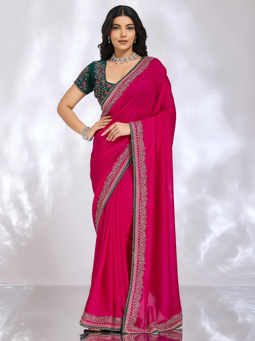 Mitera Embellished Embroidered Silk Blend Heavy Work Saree