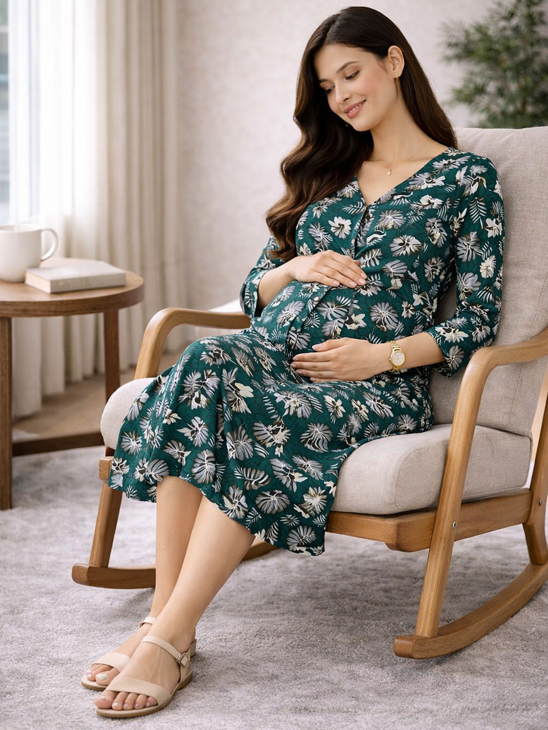 MomToBe Green Floral Printed Maternity Rayon Puff Sleeve A-Line Midi Dress