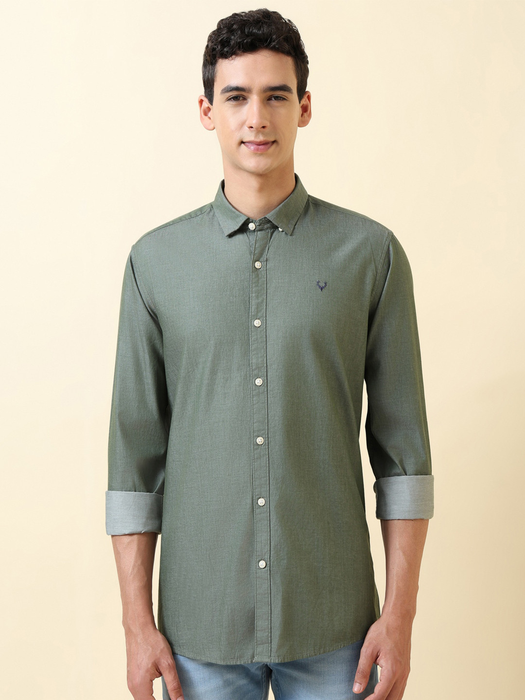 Allen Solly Sport Men Olive Green Regular Fit Solid Casual Cotton Shirt