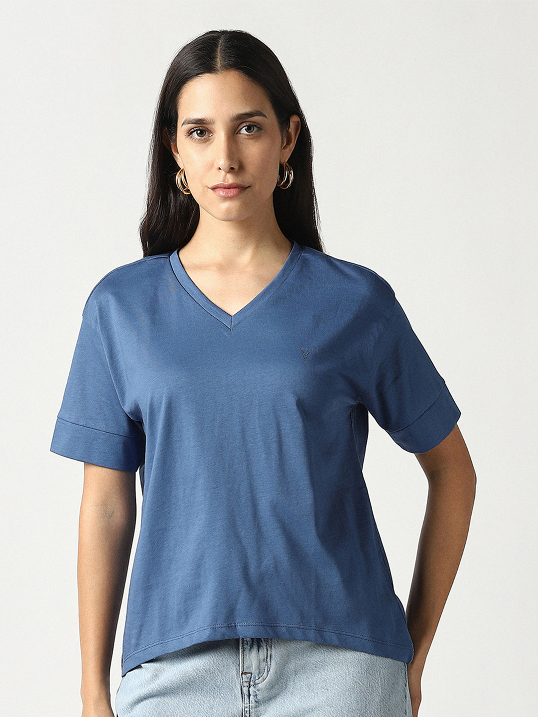 Van Heusen Woman Women Solid Extended Sleeves Indigo T-shirt With Embellished Detail