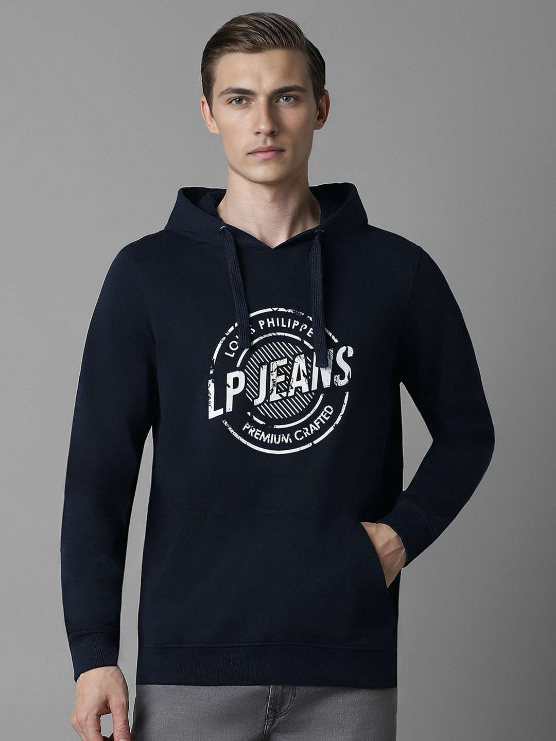 Louis Philippe Jeans Men Typography Printed Hooded Sweatshirt