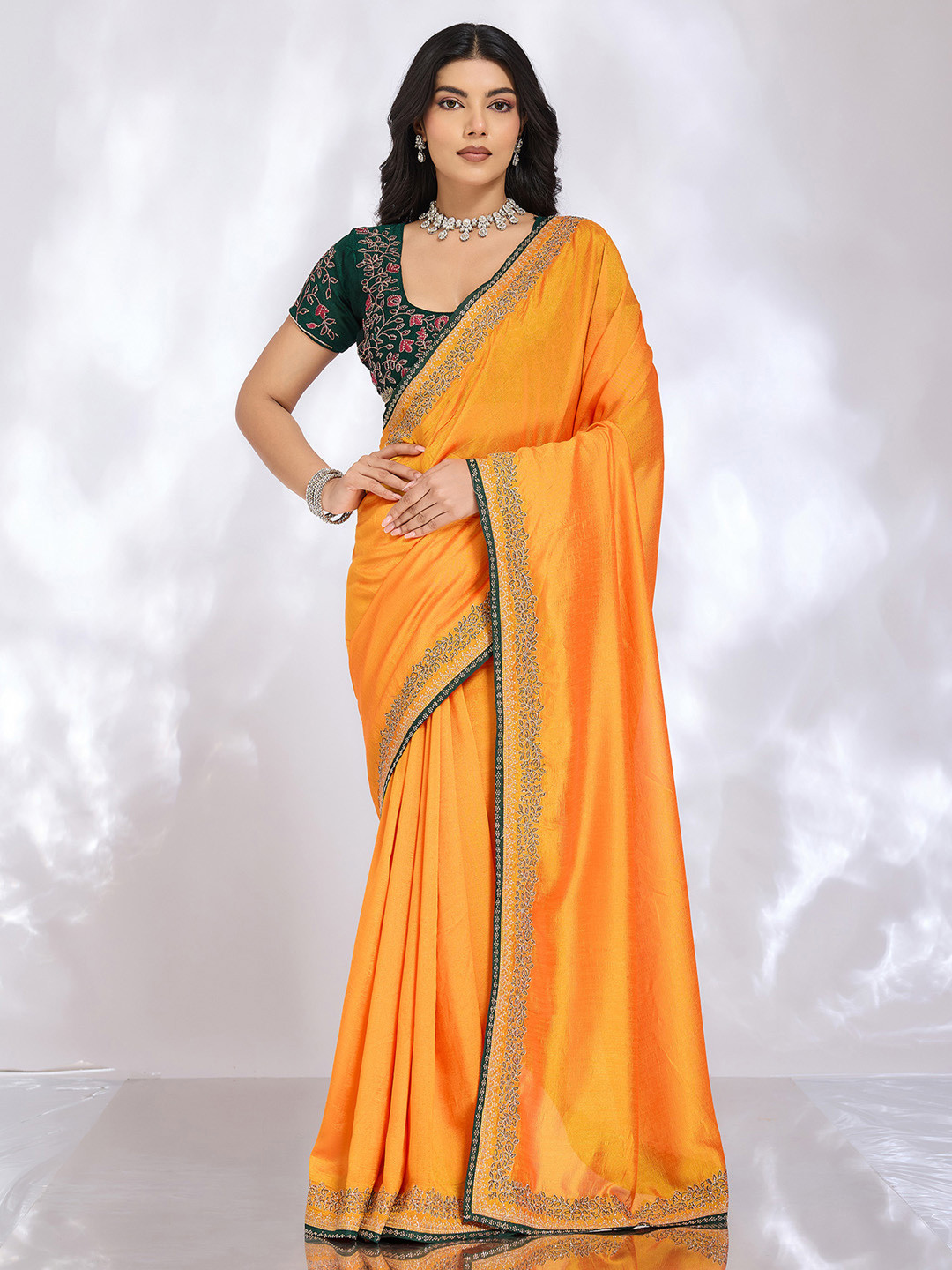 Mitera Floral Embroidered Silk Blend Heavy Work Saree