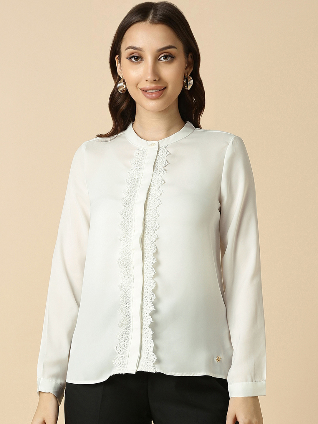 Allen Solly Woman Band Collar Lace Inserts Casual Shirt