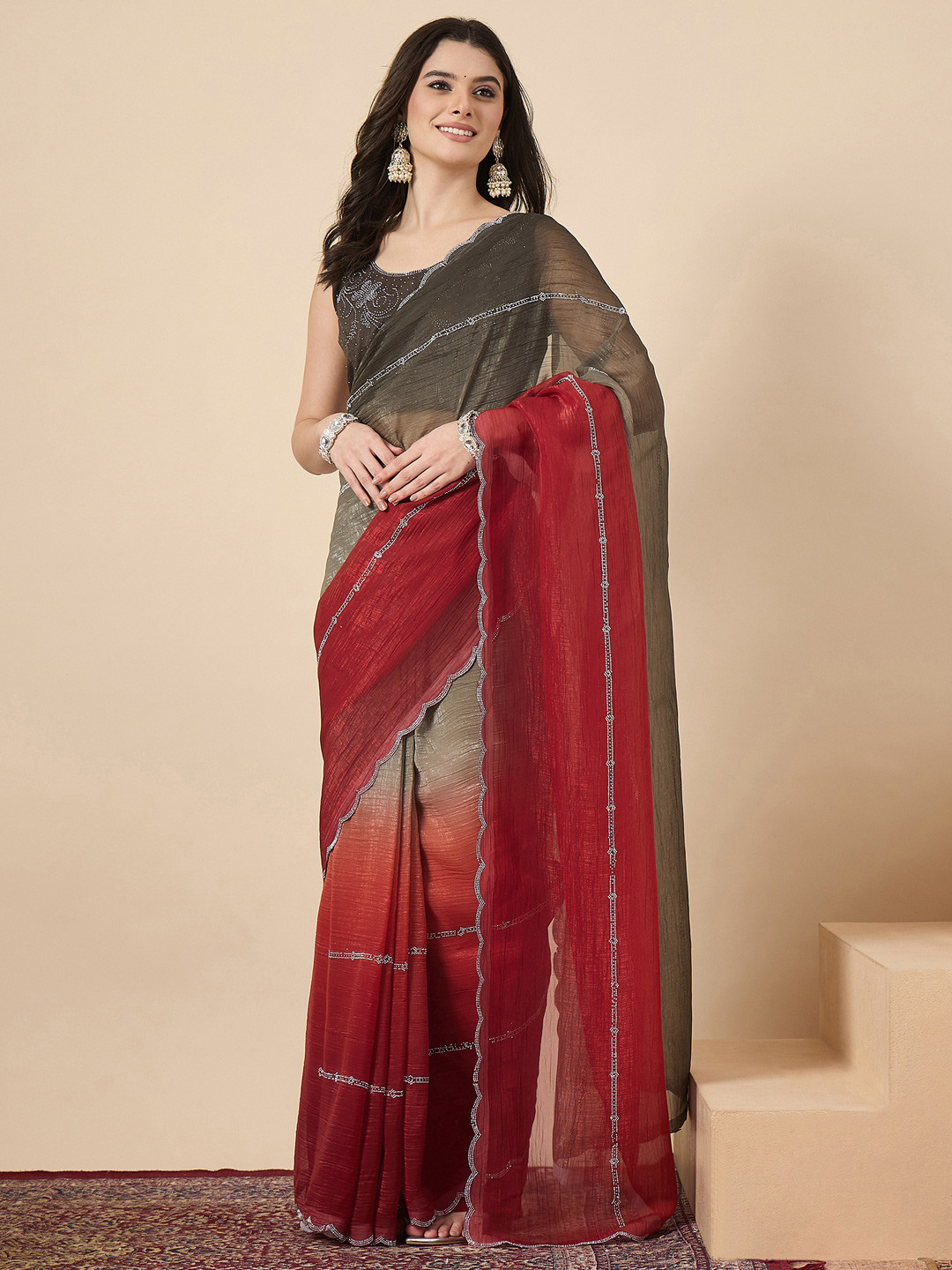 Saree mall Embellished Beads and Stones Poly Chiffon Heavy Work Sarees