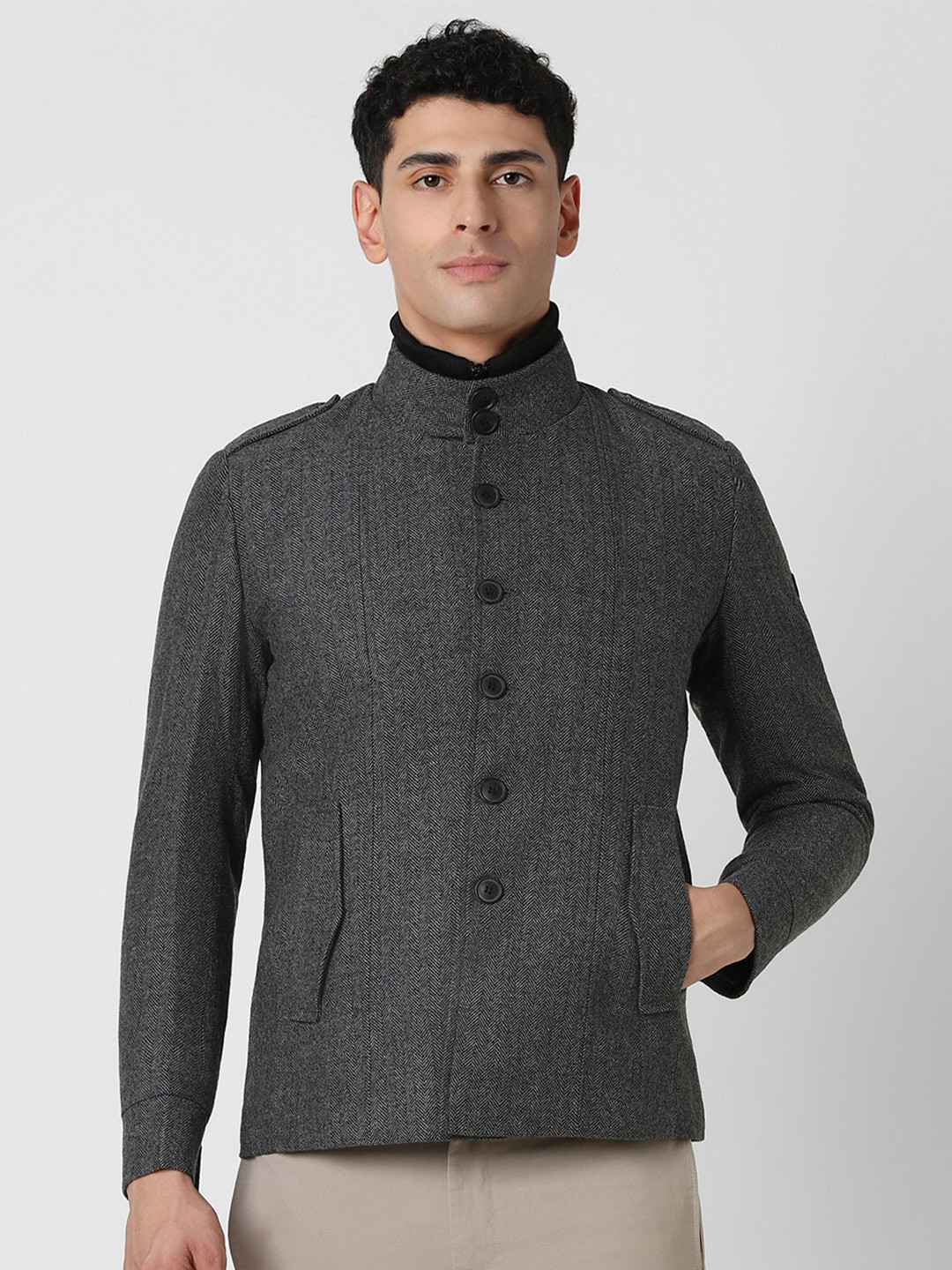 Van Heusen Sport Men Cotton Mock Collar Self Design Tailored Casual Jacket