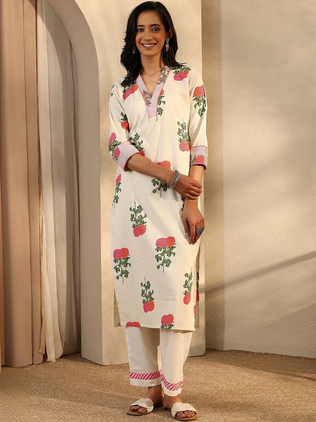 Libas Women Off White Printed Cotton Straight Kurta