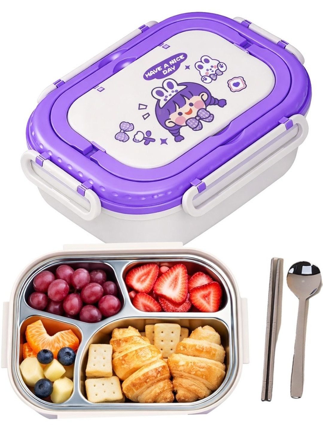 GUCHIGU Purple & White Printed Stainless Steel Lunch Box With Chopsticks & Spoon