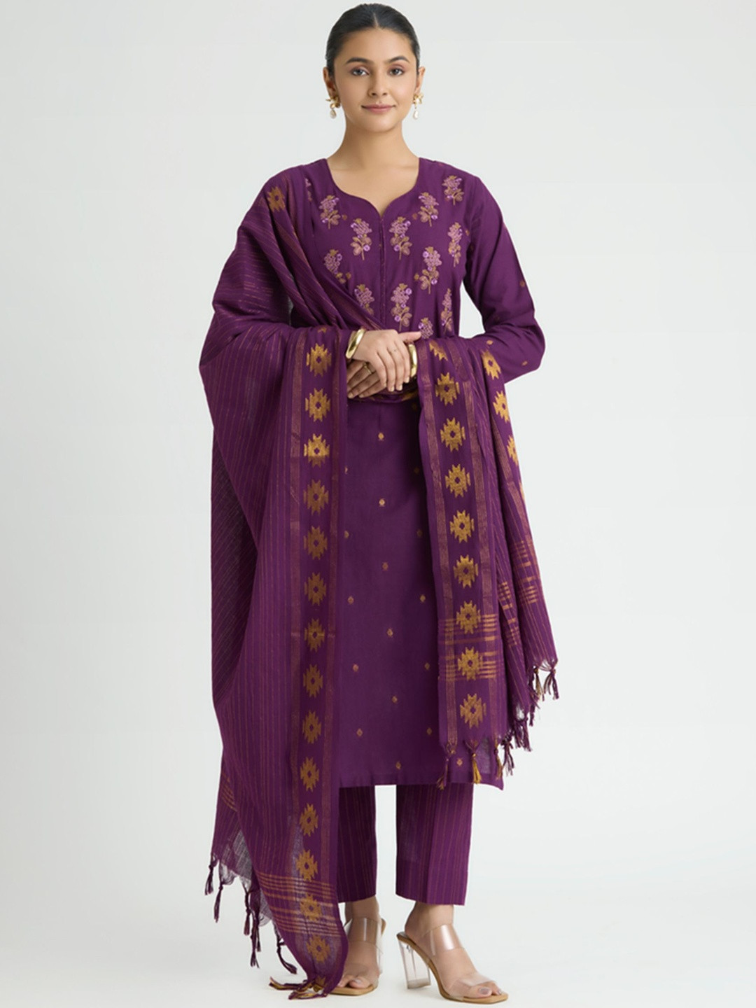 WOMEN PLUS Embroidered Zari Ethnic Motifs Kurta Trouser Set With Dupatta