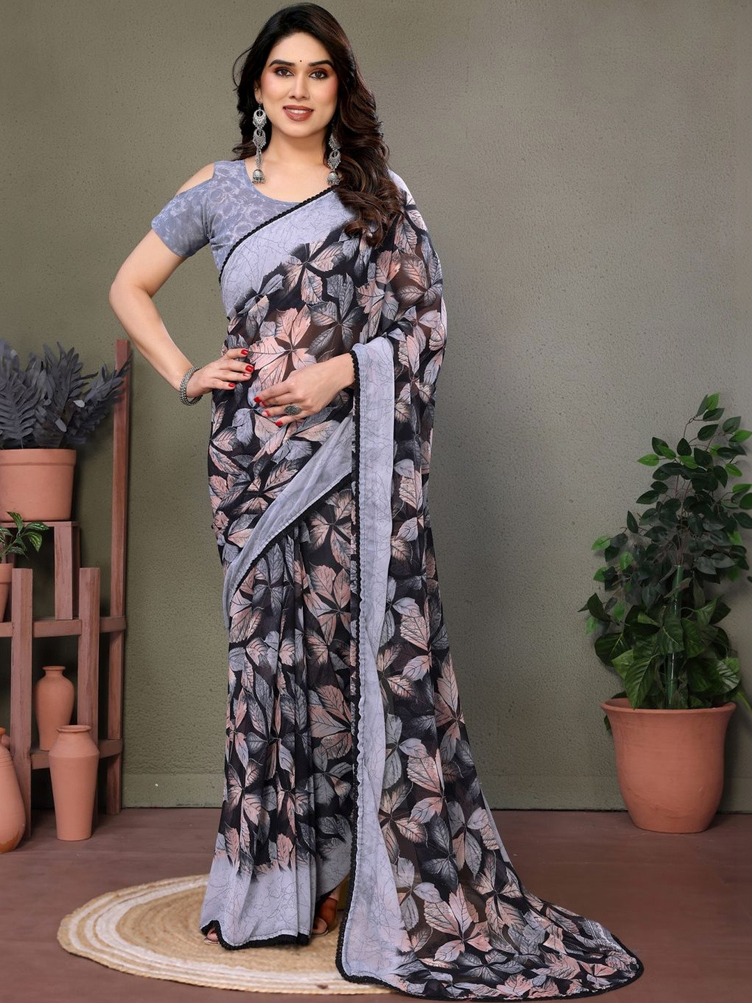 KALINI Floral Pure Crepe Designer Block Print Saree