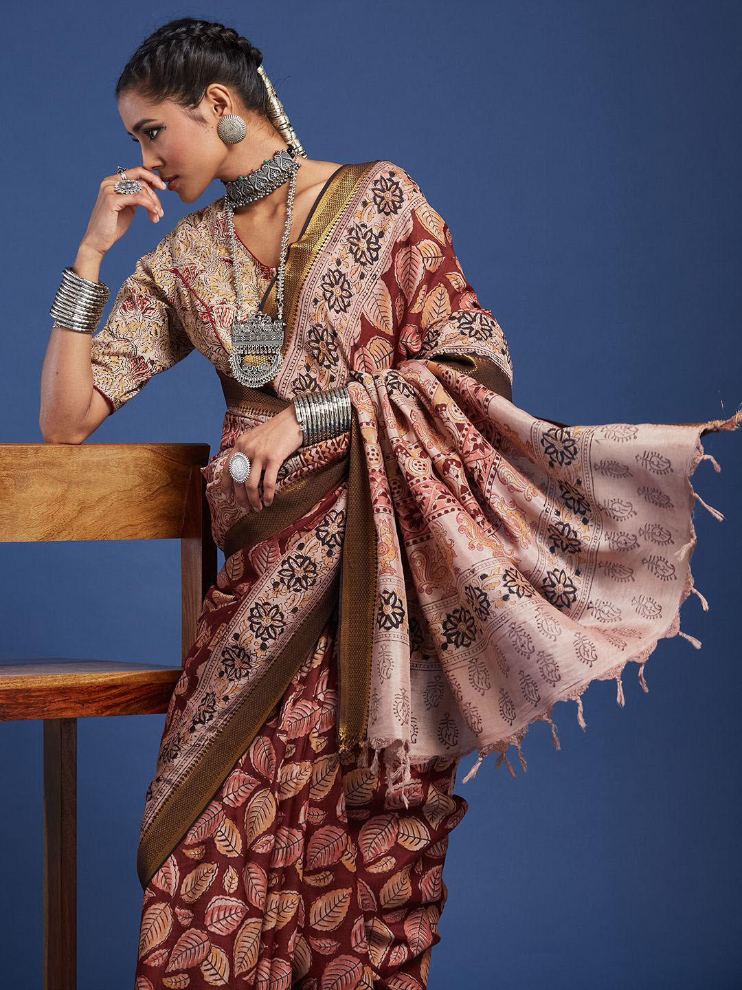 Taavi Hand Block Printed Silk Blend Kalamkari Saree with Attached Blouse
