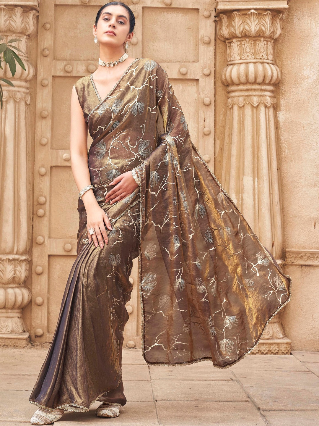 Tikhi Imli Floral Embroidered Satin Designer Saree